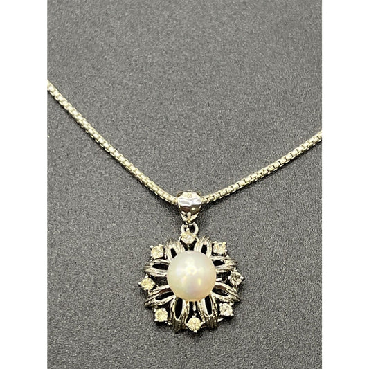 20" Sterling Silver Genuine Pearl Pendant Necklace 925 Rhinestone W15