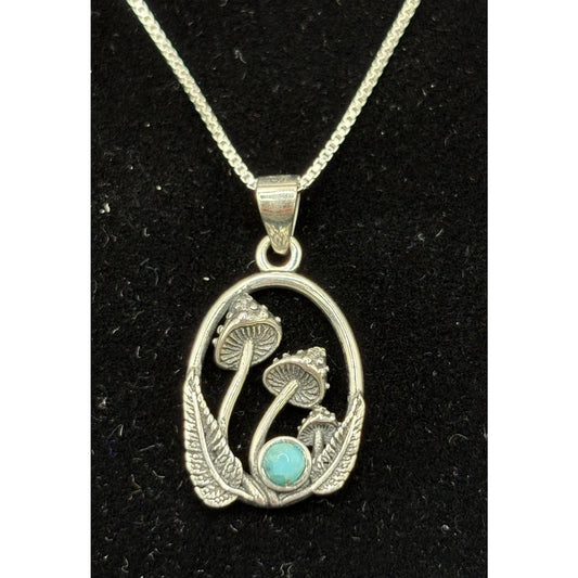 New Condition Sterling Silver Turquoise Mushrooms Pendant Necklace 18"