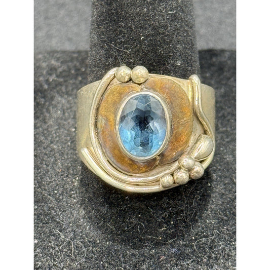Modernist Sterling Silver Genuine Topaz Brass Accent Ring Size 8.25 Q23