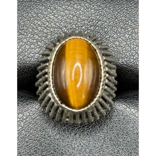 Vintage Sterling Silver Genuine Tigers Eye Ring Size 7.50 Adjustable 925 Q7