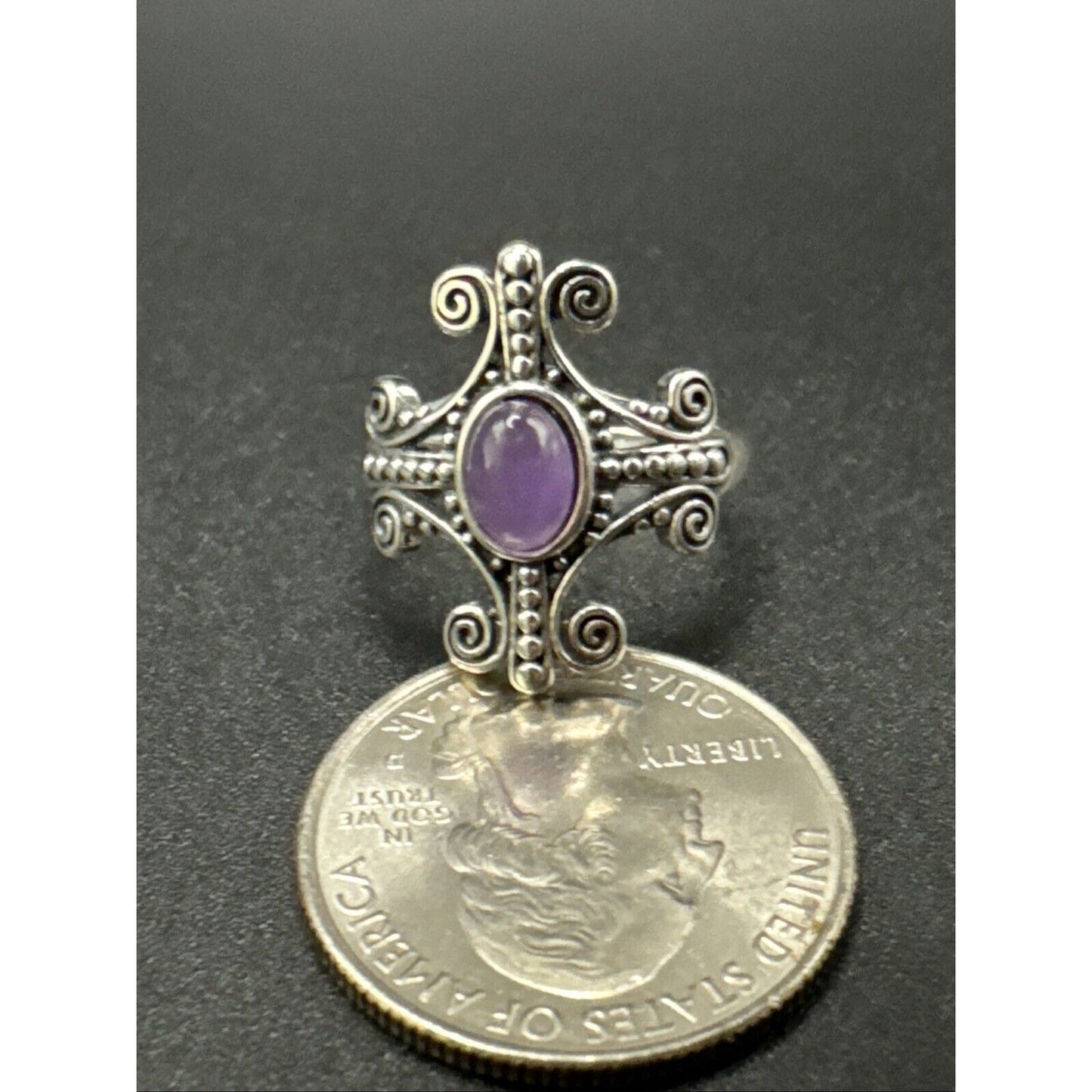 New Condition Sterling Silver Amethyst Cross Ring 925 Size 7