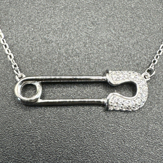 New Condition 7.5” Sterling Silver CZ Safety Pin Necklace Punk Goth 925 G15