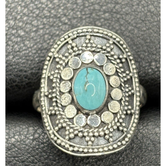 New Condition Sterling Silver Bali Style Turquoise Ring Size 7