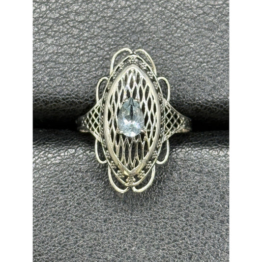 EUC Sterling Silver Genuine Blue Topaz Filigree Ring Size 7.00 925 Q21