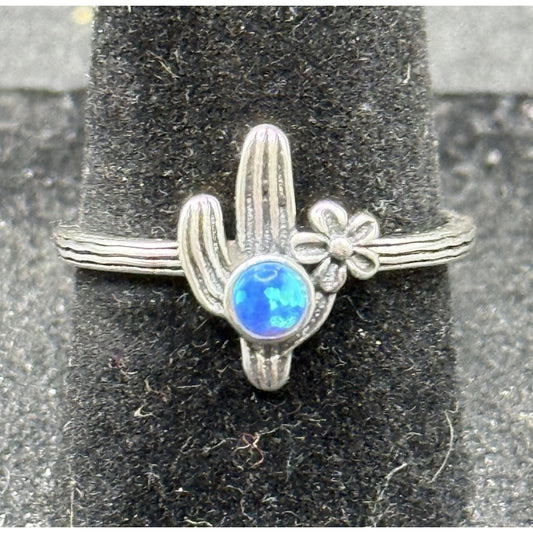 New Condition Sterling Silver Lab Blue Opal Cactus Ring Size 6.75
