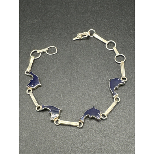 7” Vintage Sterling Silver Enamel 4 Dolphin Bracelet 925 R20