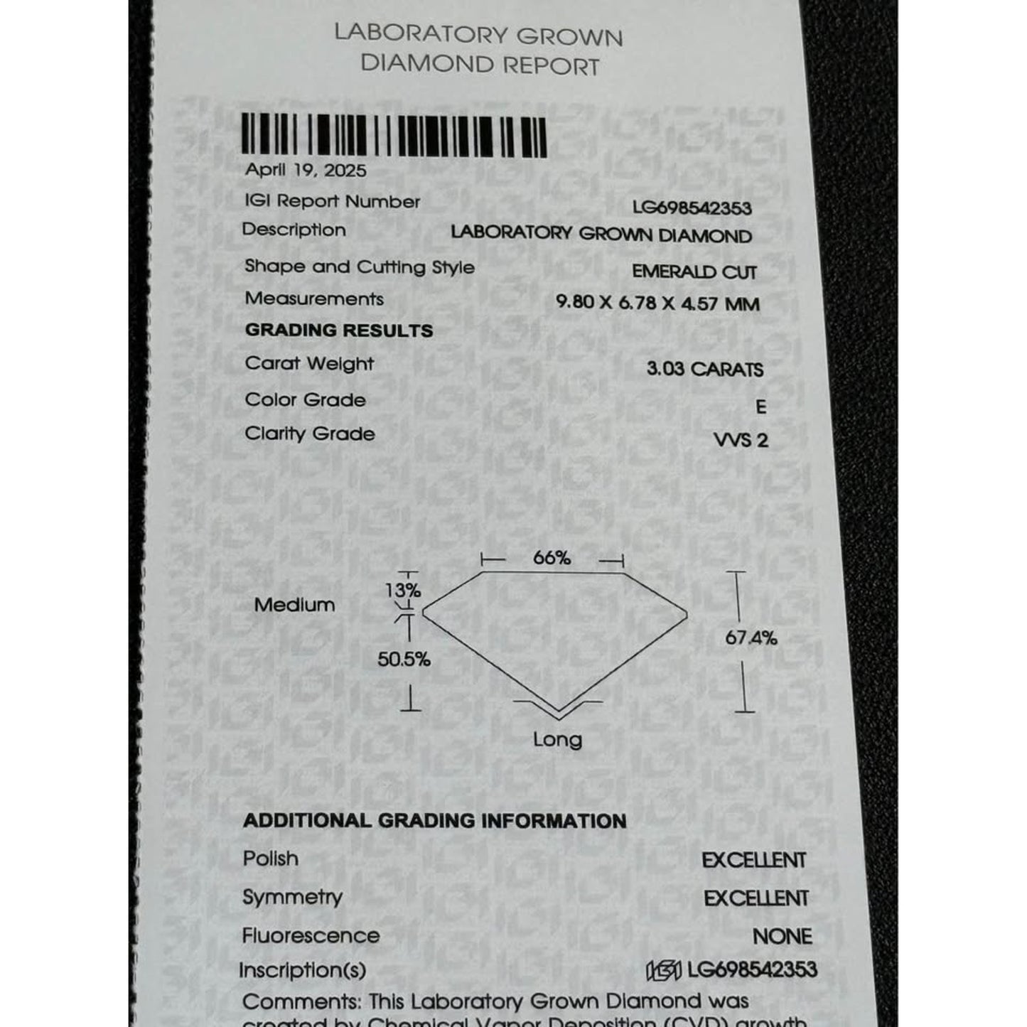14k White Gold 3.03 Emerald Cut Lab Grown Diamond E Color VS1 Clarity  3.53 Total Weight IGI