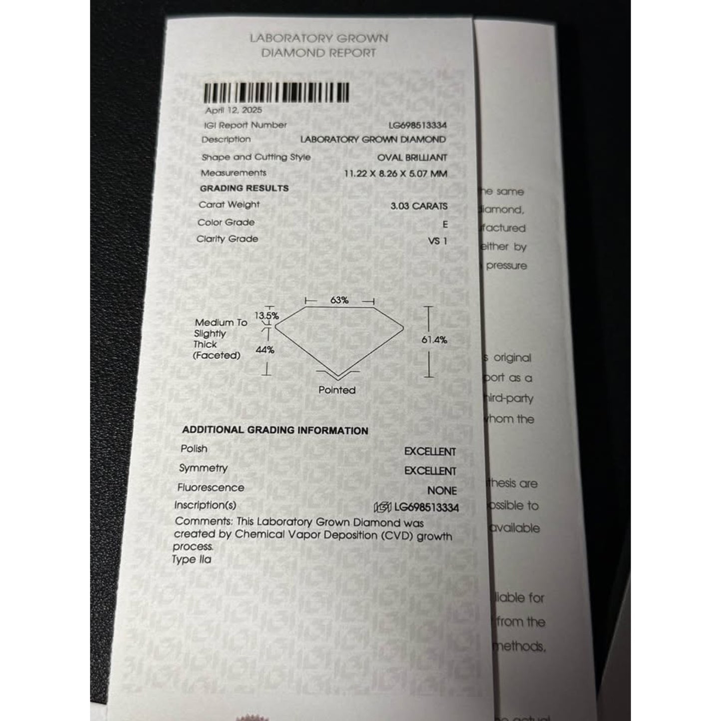 Loose 3.03 Carat Lab Grown Oval Brilliant Diamond E Color VS1 Clarity IGI