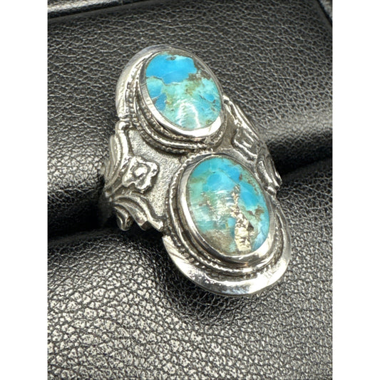 New Condition Sterling Silver Double Turquoise Long Ring Size 10