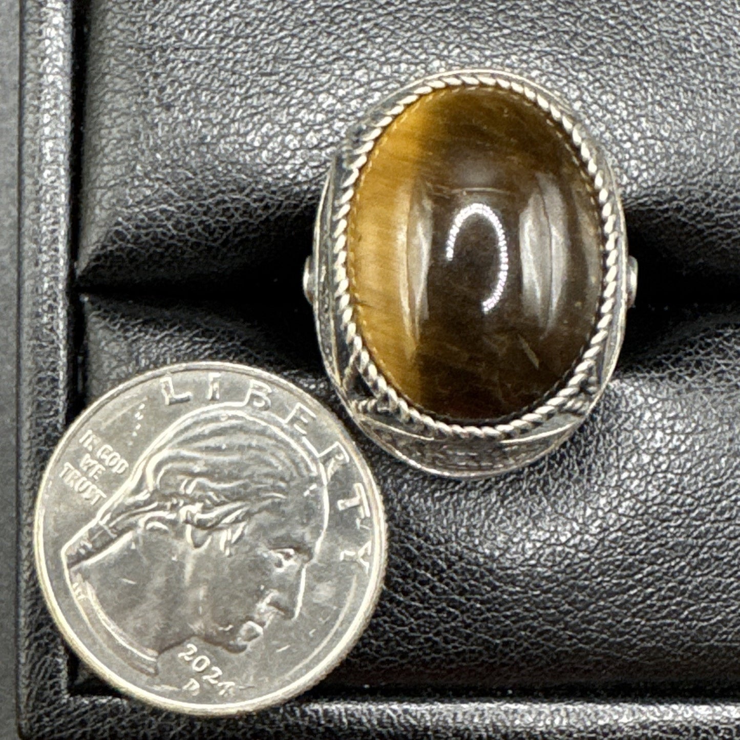 Sterling Silver Openwork Tigers Eye Dome Ring 925 Size Adjustable Q23