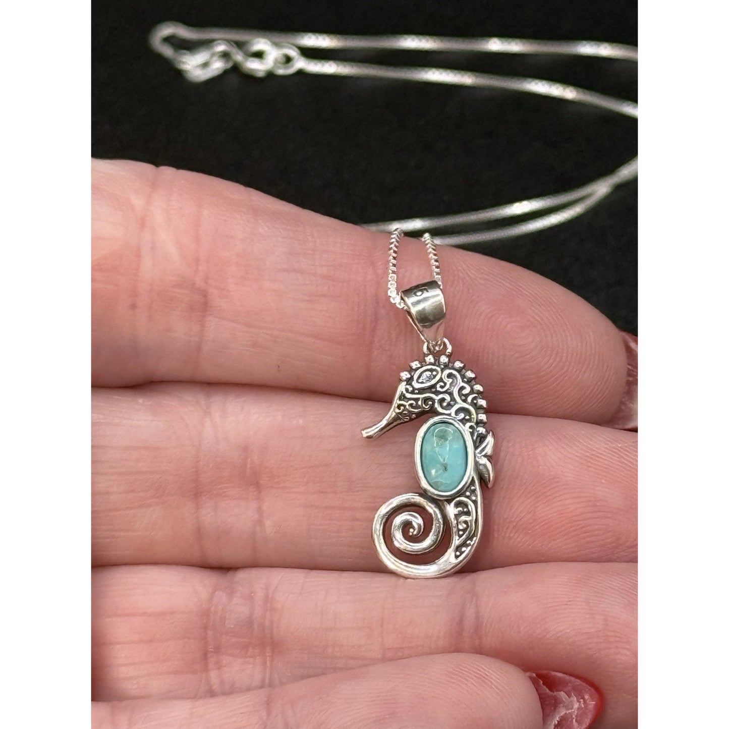 18” New Condition Sterling Silver Turquoise Seahorse Pendant Necklace 925