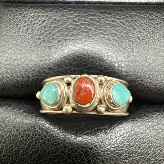 Retro Sterling Silver Turquoise Coral Band Ring 925 Size 8.75 Q23