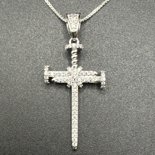 New Condition Sterling Silver 22” CZ Cross Of Nails Pendant Necklace 925
