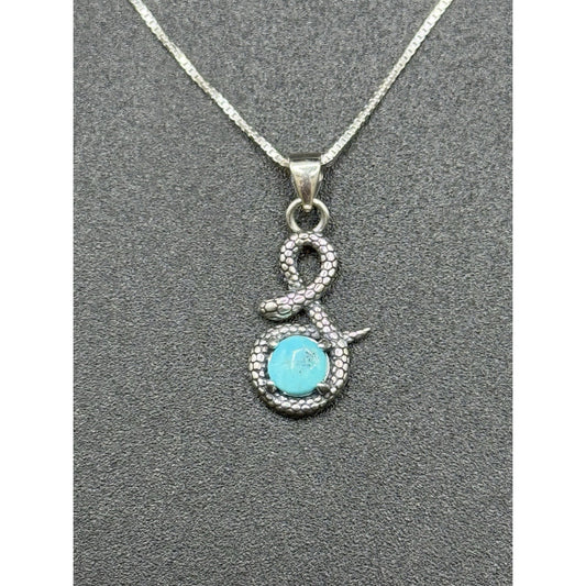 18” New Condition Sterling Silver Dainty Turquoise Snake Pendant Necklace 925