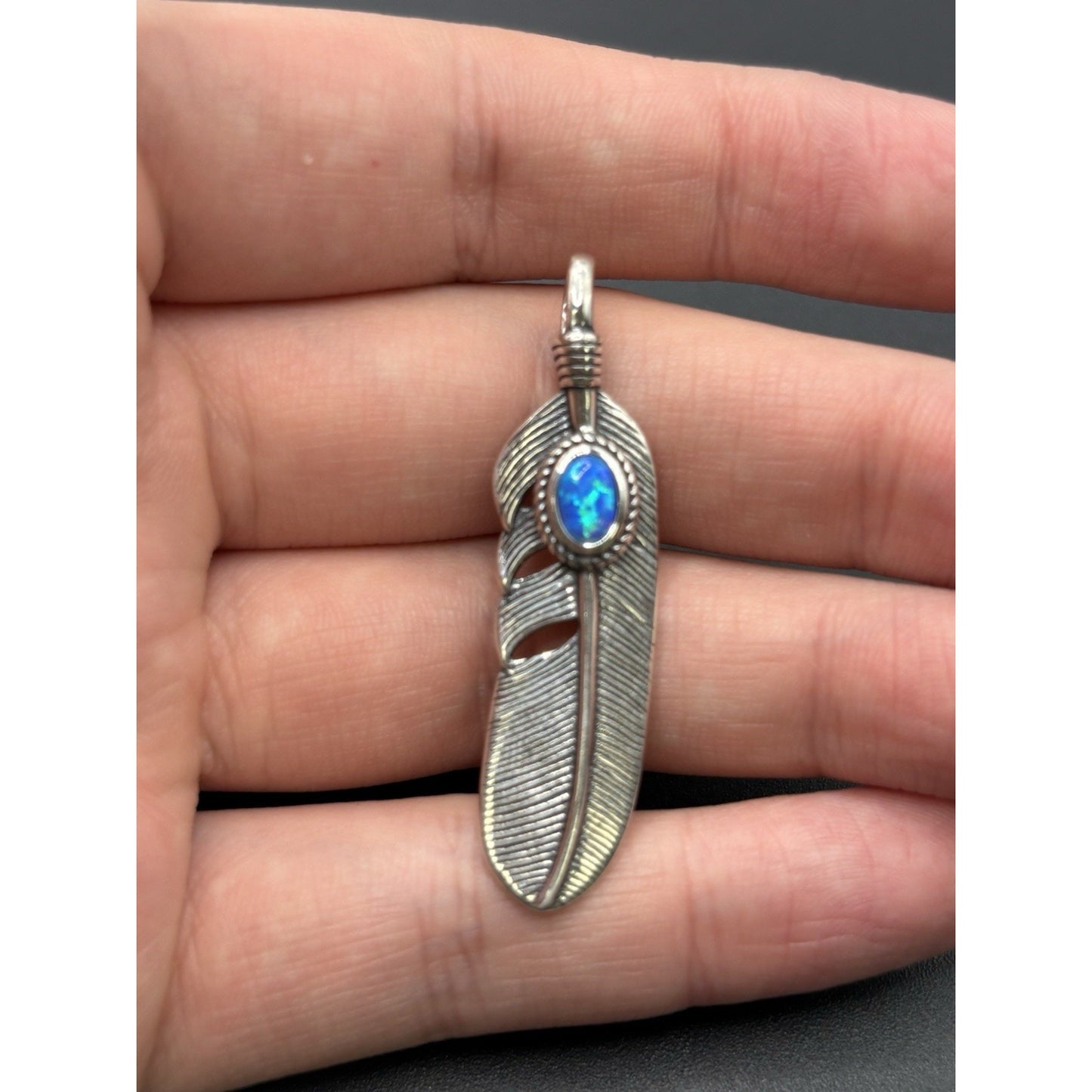 New Condition Sterling Silver Lab Blue Opal Feather Pendant 925 Free Shipping