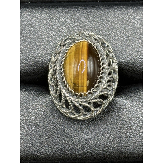 Vintage Sterling Silver Dome Genuine Tigers Eye Ring Size 7.00 Adjustable Q3