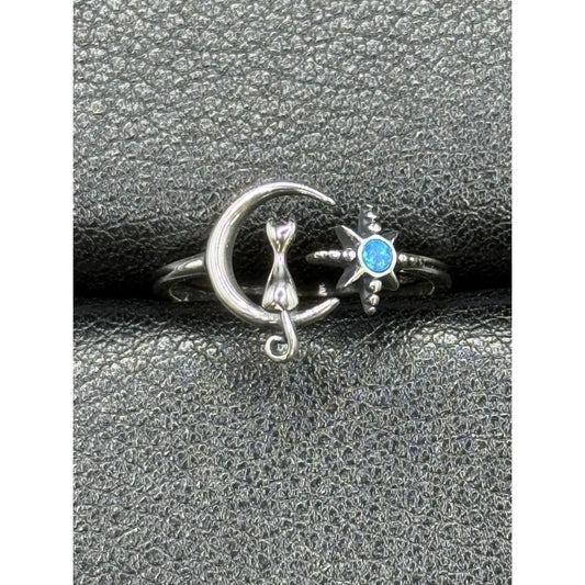 New Condition Sterling Silver Cat On Moon Star Lab Blue Opal Ring Size 7 Adjust