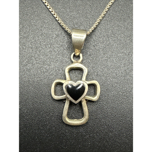 24” Sterling Silver Black Enamel Heart Cross Pendant Necklace 925 T27