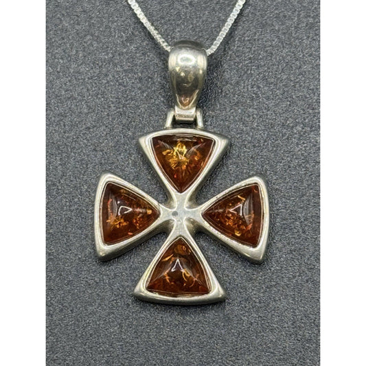 18” Sterling Silver Genuine Amber Cross Pendant Necklace P3
