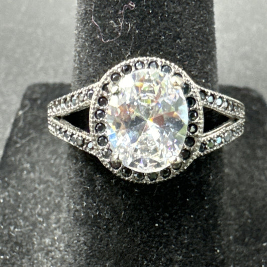 New Condition Sterling Silver White Black CZ Ring 925 Size 7