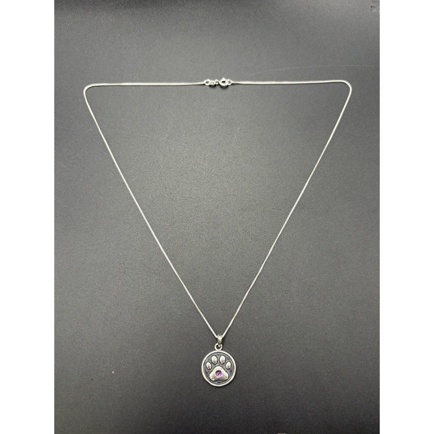 New Condition 18" Sterling Silver Amethyst Dog Cat Paw Pendant Necklace