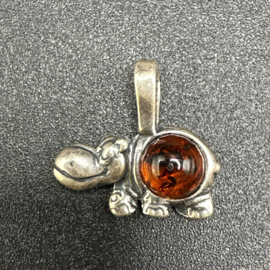 Sterling Silver Dainty Amber Hippopotamus Pendant 925 P2