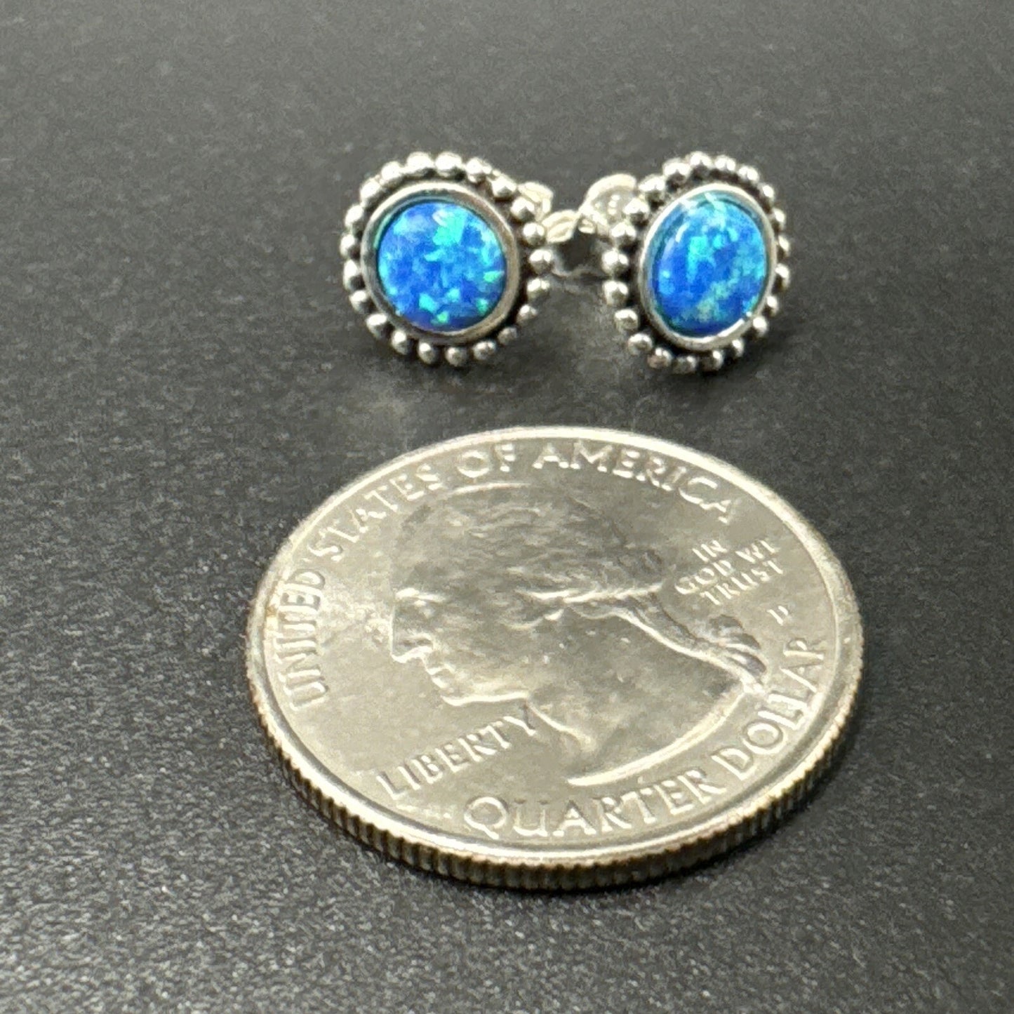 New Condition Sterling Silver Lab Blue Opal Stud Earrings