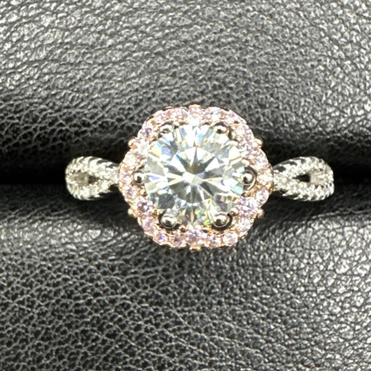 New Condition Sterling Silver Moissanite Pink Halo Ring 925 Size 8 GRA