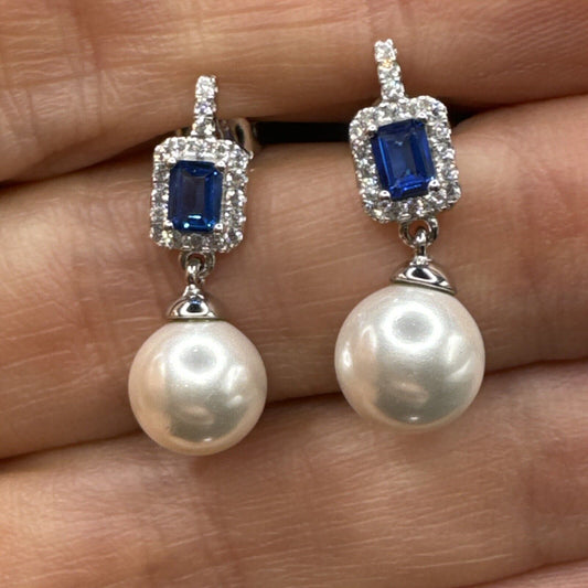 New Condition Sterling Silver Pearl Blue Square Cut CZ Earrings 925