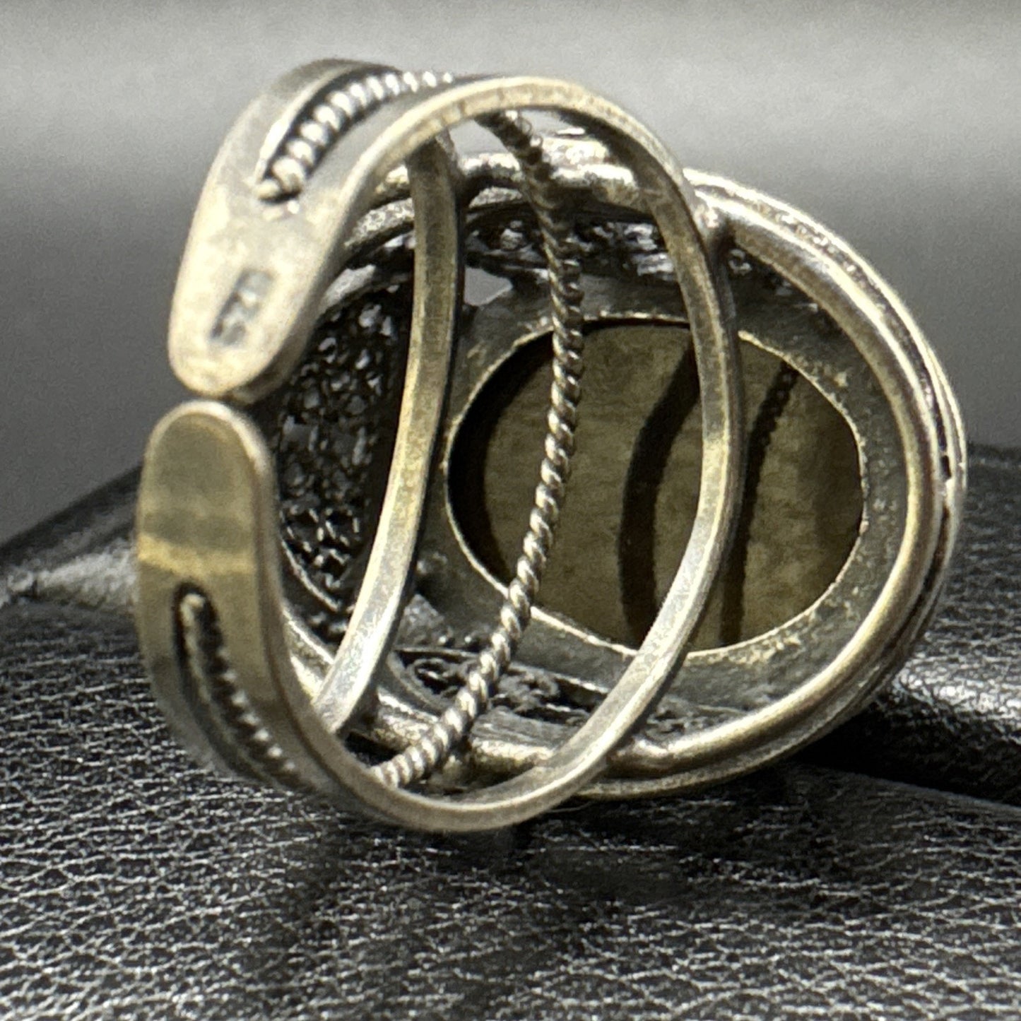 Sterling Silver Openwork Tigers Eye Dome Ring 925 Size Adjustable Q23