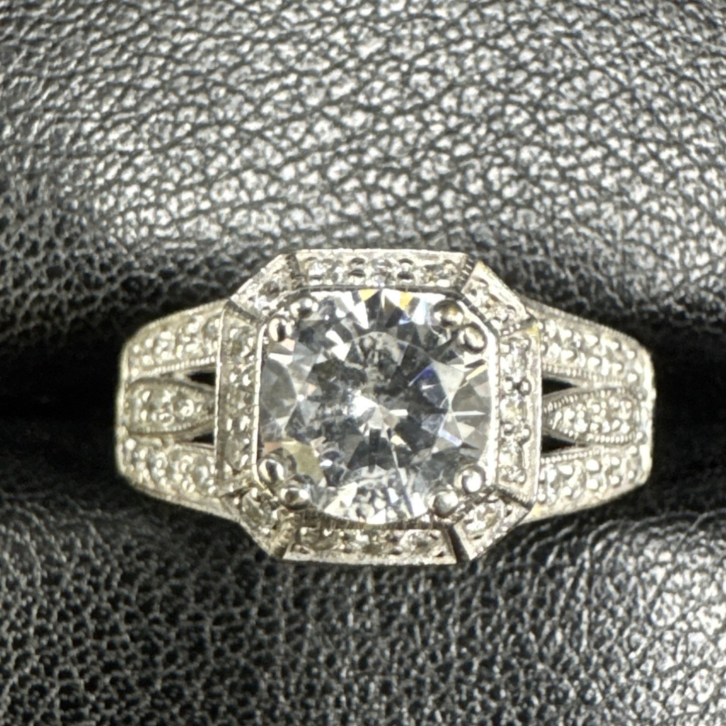 EUC Sterling Silver CZ Halo Engraved Engagement Ring 925 Size 6 #2 P2