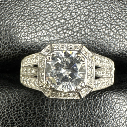 EUC Sterling Silver CZ Halo Engraved Engagement Ring 925 Size 6 #2 P2