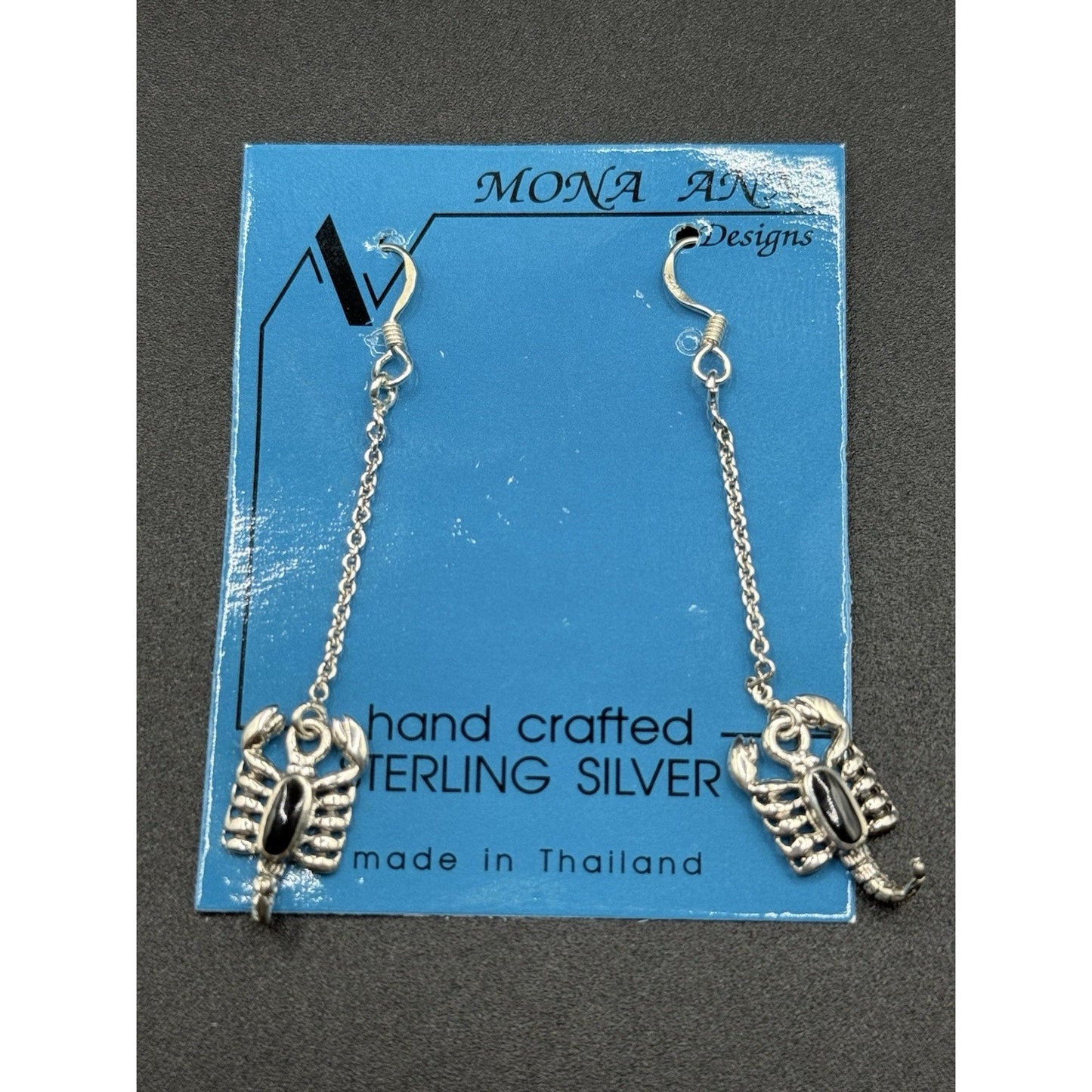 New Condition Sterling Silver Genuine Onyx Scorpion Dangle Earrings