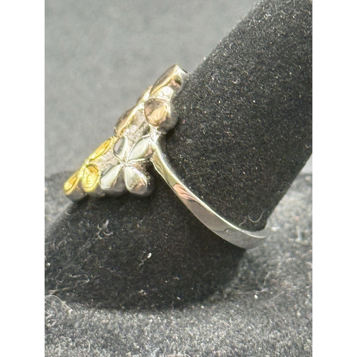 New Condition Sterling Silver Rose Gold Tri Color Plumeria Ring Size 7.00