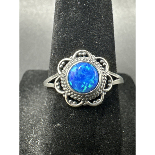 New Condition Sterling Silver Lab Blue Opal Ring 925 Size 7