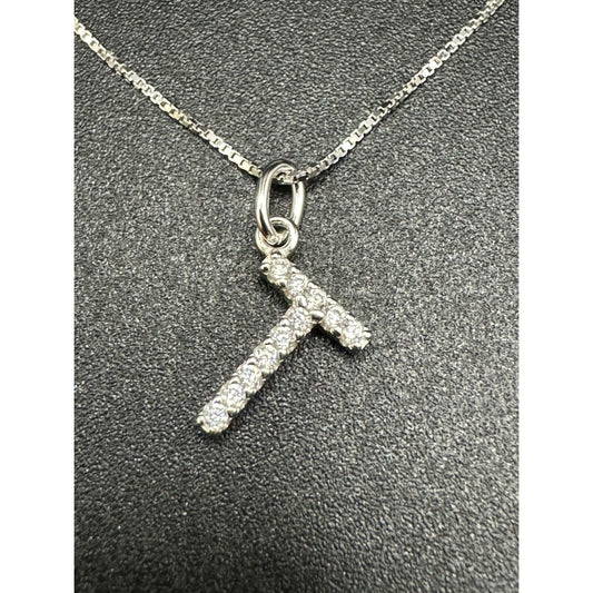 New Condition Sterling Silver Cubic Zirconia Letter “T” Pendant Necklace 925