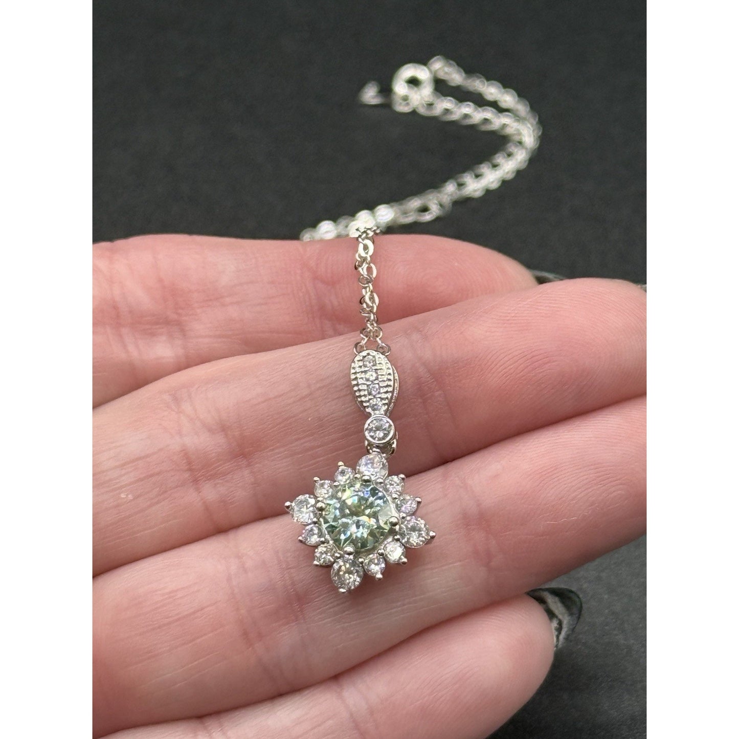 New Condition 18” Sterling Silver Light Blue Moissanite Pendant Necklace