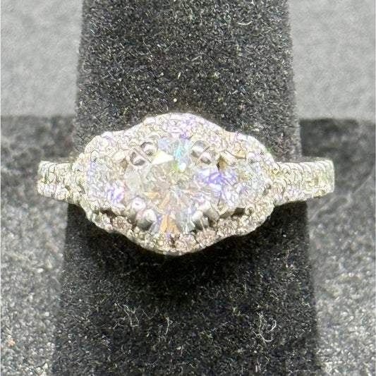 EUC Sterling Silver Cubic Zirconia 3-Stone Halo Ring Size 6.25 Q23