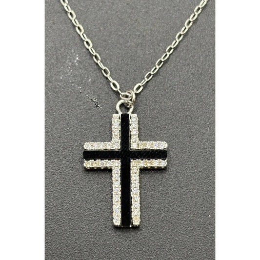 New Condition 18" Onyx Cubic Zirconia Cross Pendant Necklace