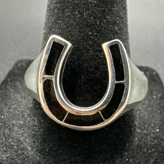 New Condition Sterling Silver Onyx Horseshoe Good Luck Ring 925 Size 9.5
