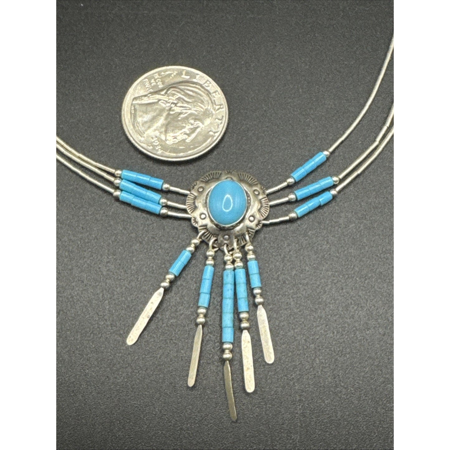 20” Sterling Silver Navajo 3 Strand Turquoise Tube Necklace 925 R06