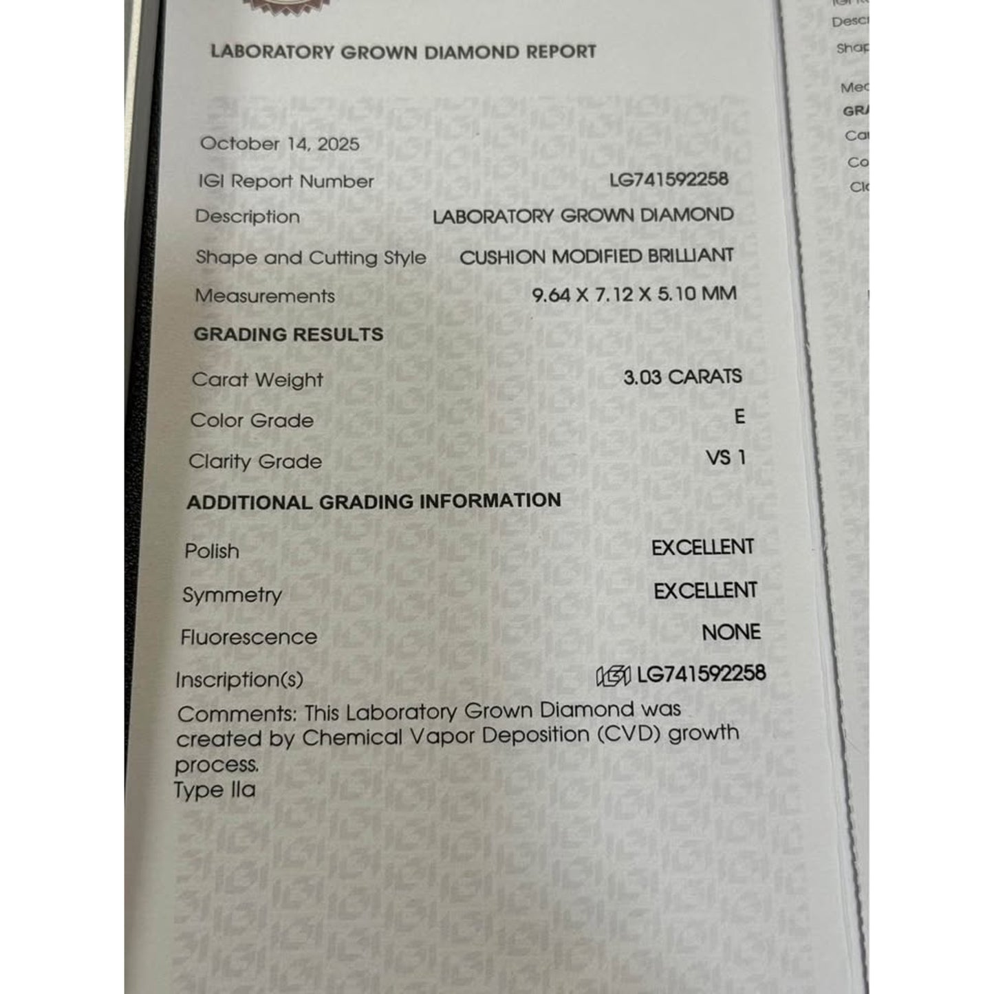 Brand New 14k Yellow Gold 3.03 Long Cushion  Lab Grown Diamond Ring E Color VS1 Clarity IGI