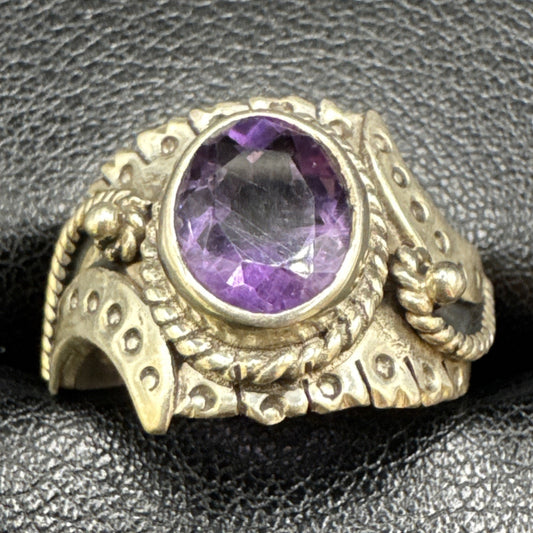 Sterling Silver Amethyst Bezel Statement Ring 925 Size 8.75 Q23