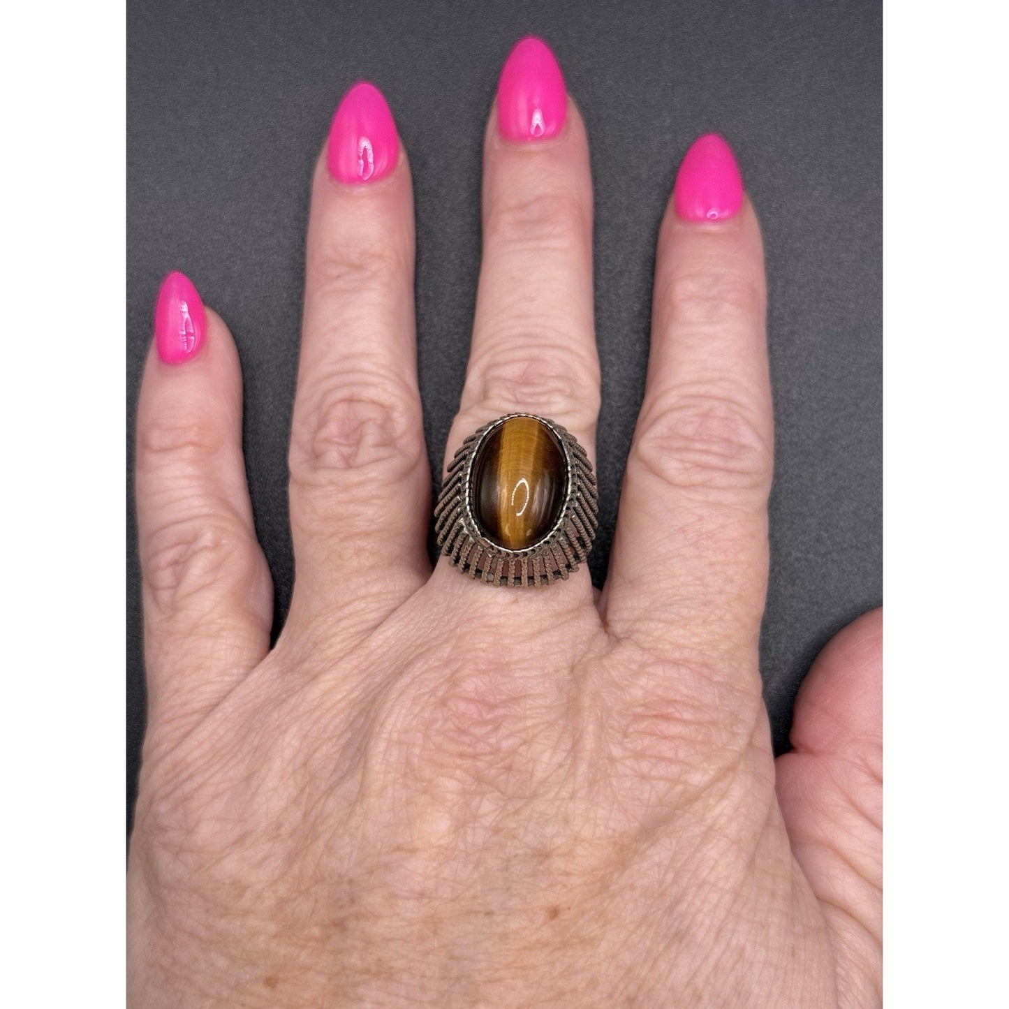 Vintage Sterling Silver Genuine Tigers Eye Ring Size 7.50 Adjustable 925 Q7