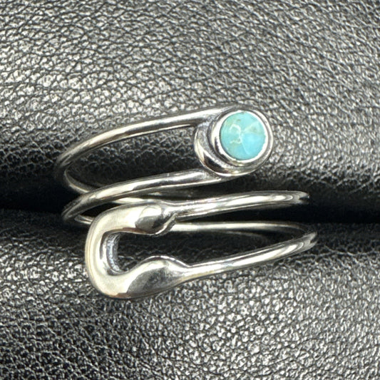 New Condition Sterling Silver Turquoise Safety Pin Adjustable Ring 925 Size 7