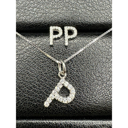 New Condition Sterling Silver CZ Dainty Letter 18” “P” Pendant Earrings Set 925