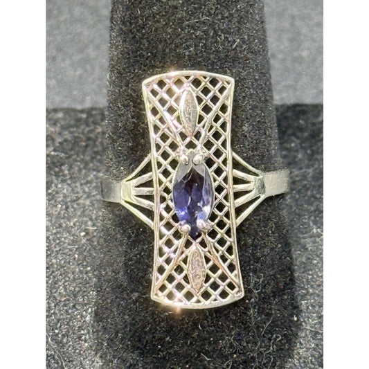 EUC Sterling Silver Genuine Iolite Filigree Ring Size 7.00 925 Q24