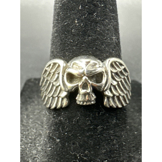 New Condition Sterling Silver Skull Wings Ring 925 Size 7