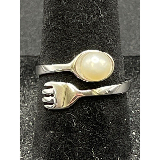New Condition Sterling Silver Genuine Pearl Fork Spoon Ring Size 7.00