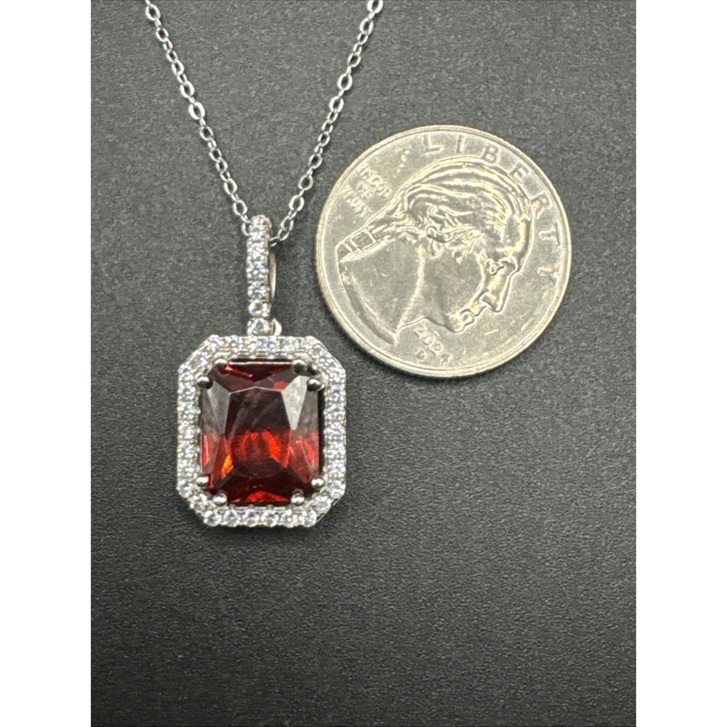 18” Sterling Silver Red CZ Halo Pendant Necklace 925 T27